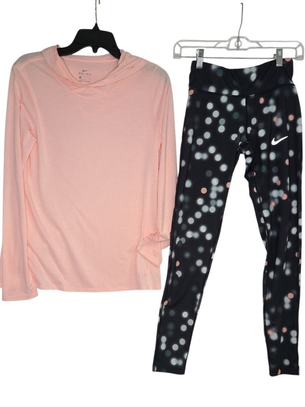 Nike Activewear Bundle: Peach Dri-FIT Hoodie & Black Bokeh Dot Leggings Size S